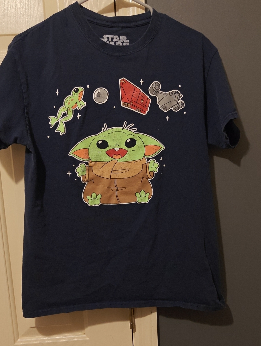 Star Wars Navy Blue Grogu Graphic Tee with Colorful Patches